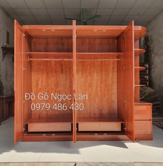 Tủ Quần Áo 4 Cánh Gỗ Hương Đá Kèm Góc Trang Trí Vế Phải 