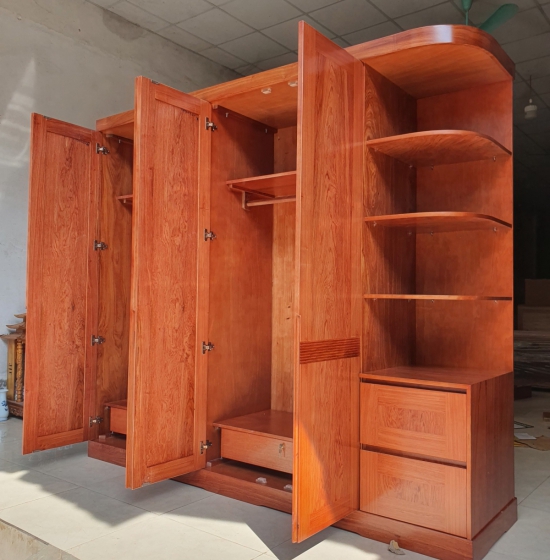 Tủ Quần Áo 4 Cánh Gỗ Hương Đá Kèm Góc Trang Trí Vế Phải 