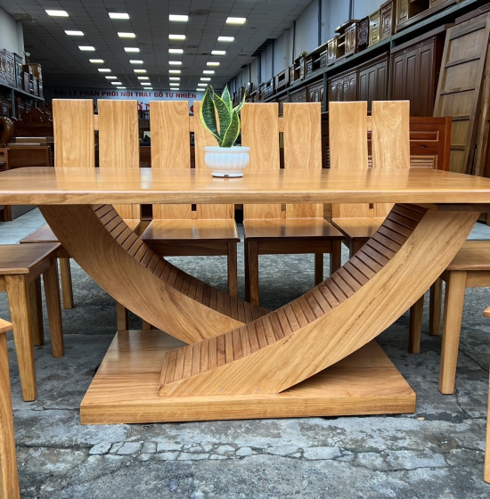 Bàn Ăn Gỗ Gõ Đỏ 8 Ghế Hiện Đại Chân Thuyền 