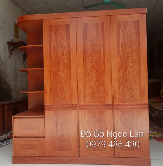 Tủ Quần Áo 3 Cánh Kèm Góc Trang Trí Gỗ Hương Đá Vế Trái 