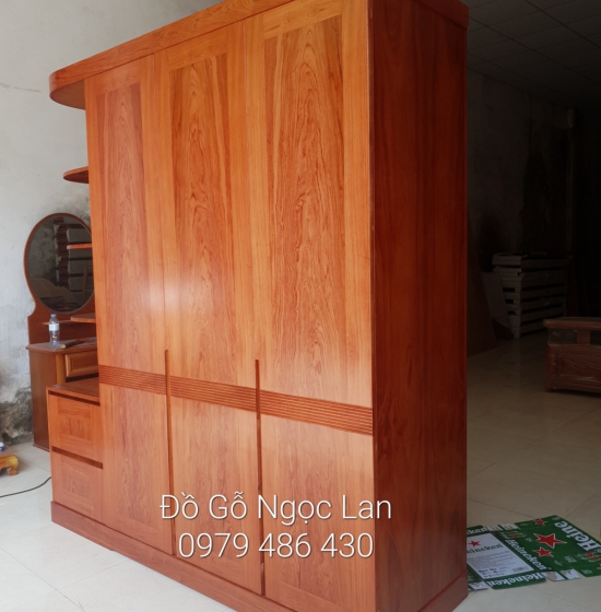 Tủ Quần Áo 3 Cánh Kèm Góc Trang Trí Gỗ Hương Đá Vế Trái 