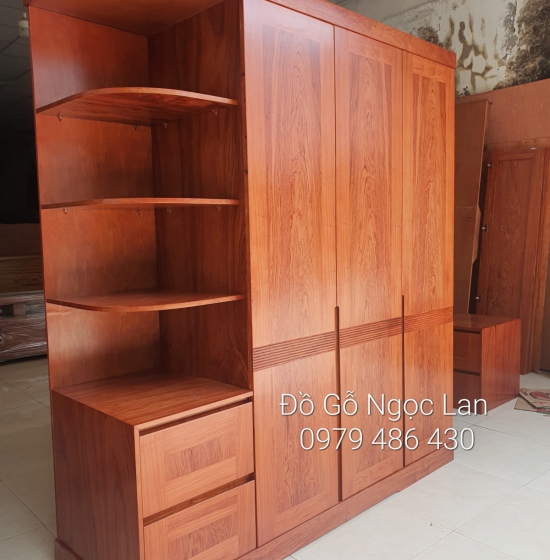 Tủ Quần Áo 3 Cánh Kèm Góc Trang Trí Gỗ Hương Đá Vế Trái 