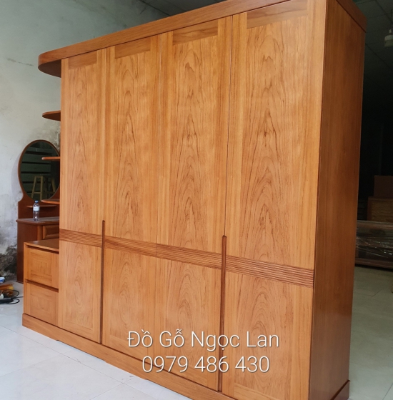 Tủ Quần Áo Gỗ Gõ Đỏ 4 Cánh Kèm Góc Trang Trí Vế Trái Hiện Đại 