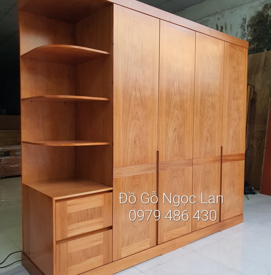 Tủ Quần Áo Gỗ Gõ Đỏ 4 Cánh Kèm Góc Trang Trí Vế Trái Hiện Đại 
