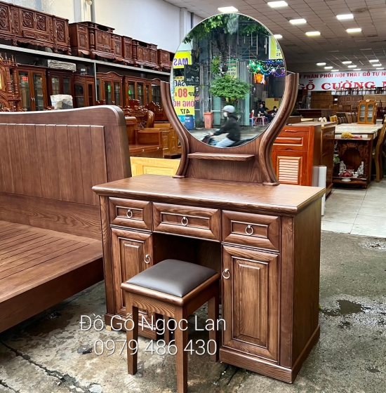 Bàn Trang Điểm Gỗ Sồi Màu Óc Chó Gương Tròn - Hiện Đại 