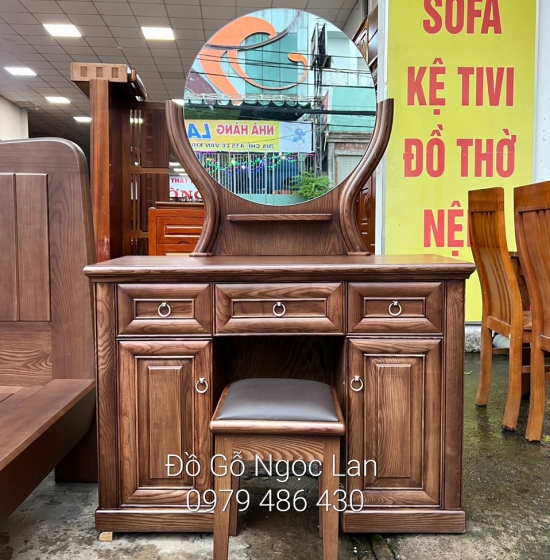 Bàn Trang Điểm Gỗ Sồi Màu Óc Chó Gương Tròn - Hiện Đại 