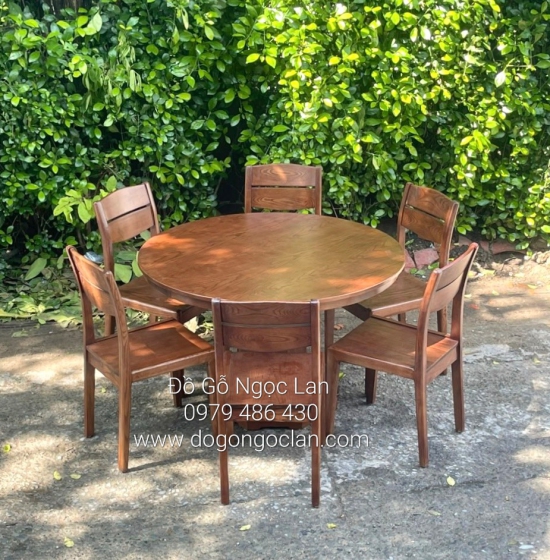 Bộ B àn Ăn Tròn Gỗ Sồi Nga Lau Màu Óc Chó 6 Ghế Hiện Đại 