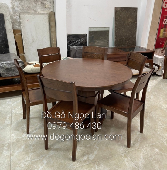 Bộ B àn Ăn Tròn Gỗ Sồi Nga Lau Màu Óc Chó 6 Ghế Hiện Đại 