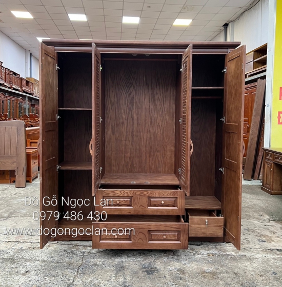 Tủ Quần Áo Gỗ Sồi Nga 4 Cánh Lau Màu Óc Chó Hiện Đại 