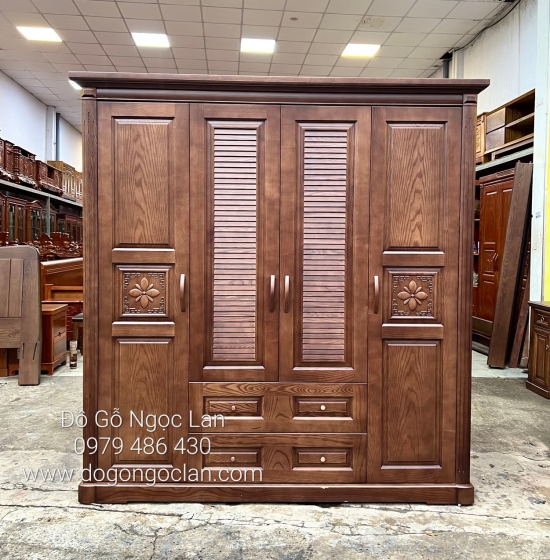 Tủ Quần Áo Gỗ Sồi Nga 4 Cánh Lau Màu Óc Chó Hiện Đại 