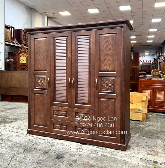 Tủ Quần Áo Gỗ Sồi Nga 4 Cánh Lau Màu Óc Chó Hiện Đại 