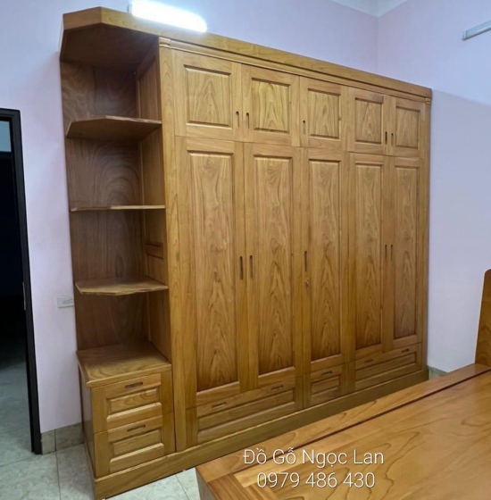 Tủ Quần Áo 5 Cánh 2 Tầng Kèm Góc Trang Trí Gỗ Gõ Đỏ - Hiện Đại