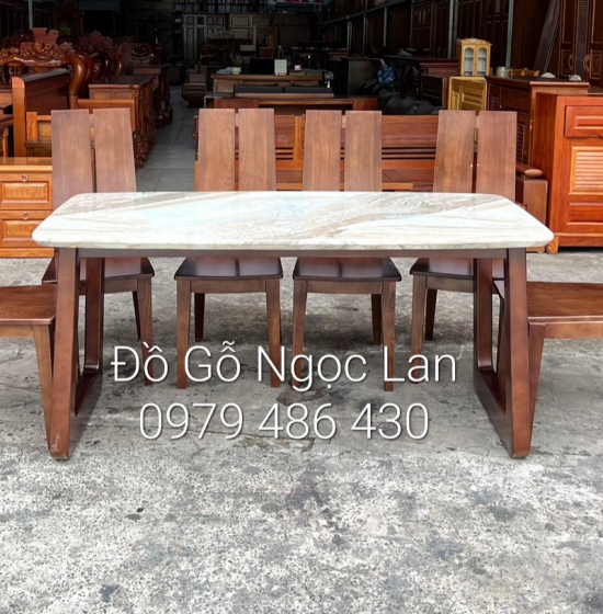 Bàn Ăn Gỗ Sồi Nga Mặt Đá 6 Ghế Lau Màu Óc Chó Chân Choãi 