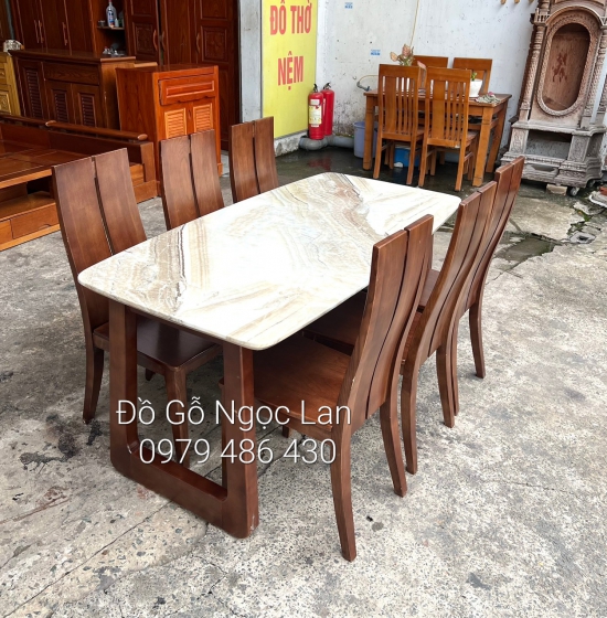 Bàn Ăn Gỗ Sồi Nga Mặt Đá 6 Ghế Lau Màu Óc Chó Chân Choãi 