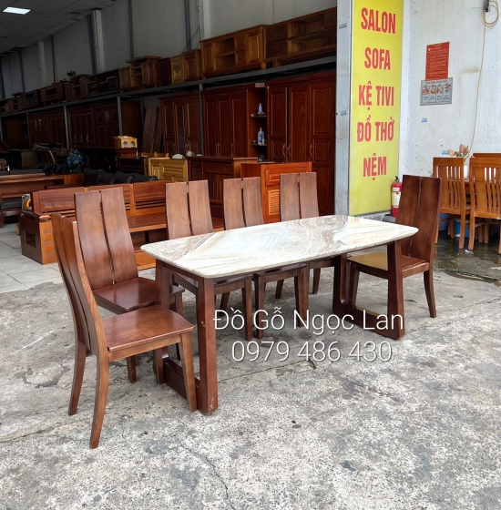 Bàn Ăn Gỗ Sồi Nga Mặt Đá 6 Ghế Lau Màu Óc Chó Chân Choãi 