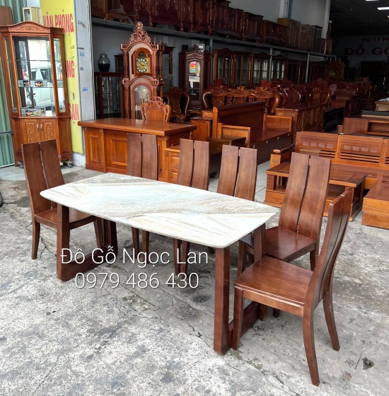 Bàn Ăn Gỗ Sồi Nga Mặt Đá 6 Ghế Lau Màu Óc Chó Chân Choãi 