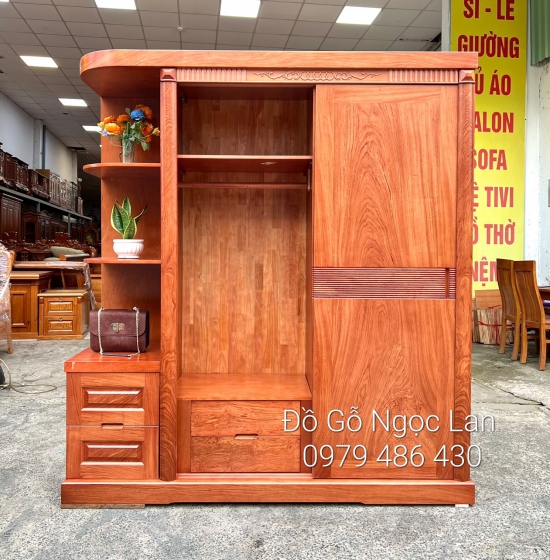 TỦ QUẦN ÁO GỖ HƯƠNG ĐÁ CỬA LÙA 2 CÁNH GÓC TRANG TRÍ - VẾ PHẢI 