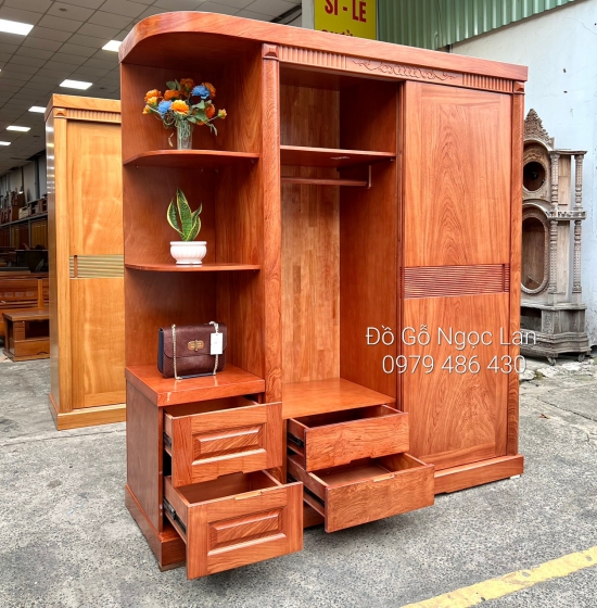 TỦ QUẦN ÁO GỖ HƯƠNG ĐÁ CỬA LÙA 2 CÁNH GÓC TRANG TRÍ - VẾ PHẢI 