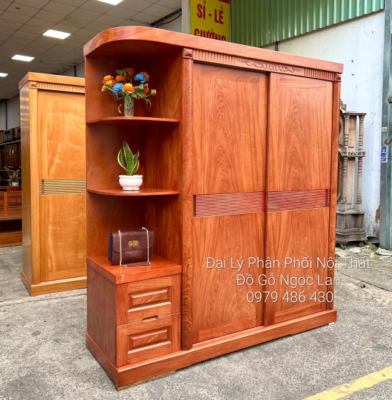 TỦ QUẦN ÁO GỖ HƯƠNG ĐÁ CỬA LÙA 2 CÁNH GÓC TRANG TRÍ - VẾ PHẢI 