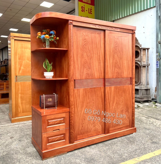 TỦ QUẦN ÁO GỖ HƯƠNG ĐÁ CỬA LÙA 2 CÁNH GÓC TRANG TRÍ - VẾ PHẢI 