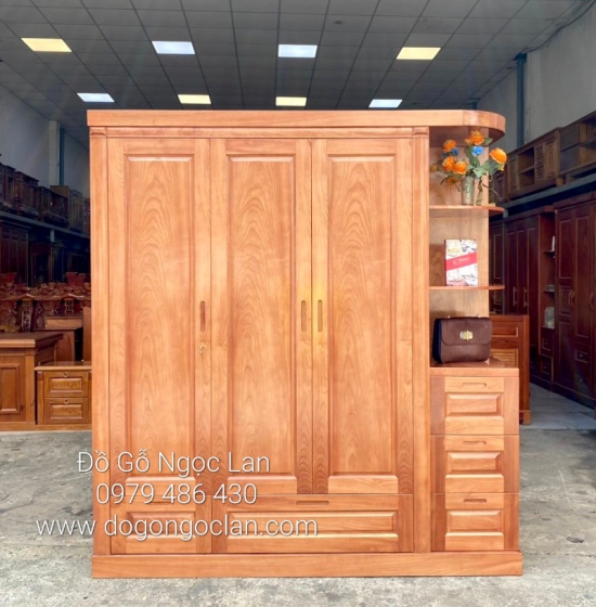 TỦ QUẦN ÁO GỖ XOAN ĐÀO 3 CÁNH KÈM KỆ TRANG TRÍ 