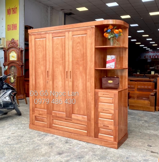TỦ QUẦN ÁO GỖ XOAN ĐÀO 3 CÁNH KÈM KỆ TRANG TRÍ 