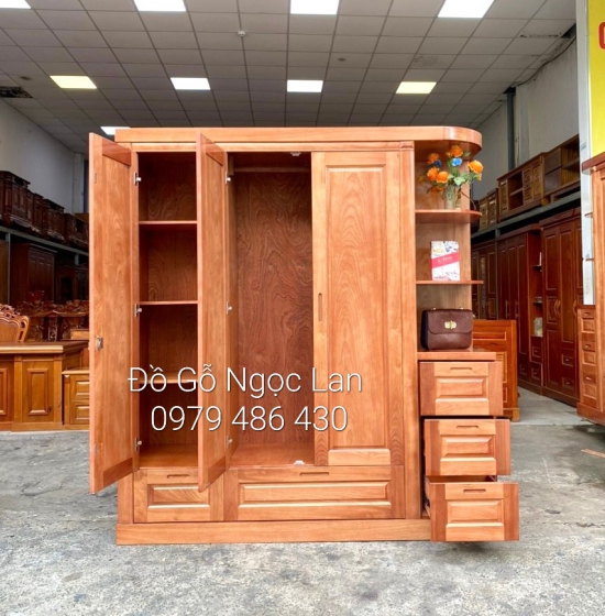 TỦ QUẦN ÁO GỖ XOAN ĐÀO 3 CÁNH KÈM KỆ TRANG TRÍ 