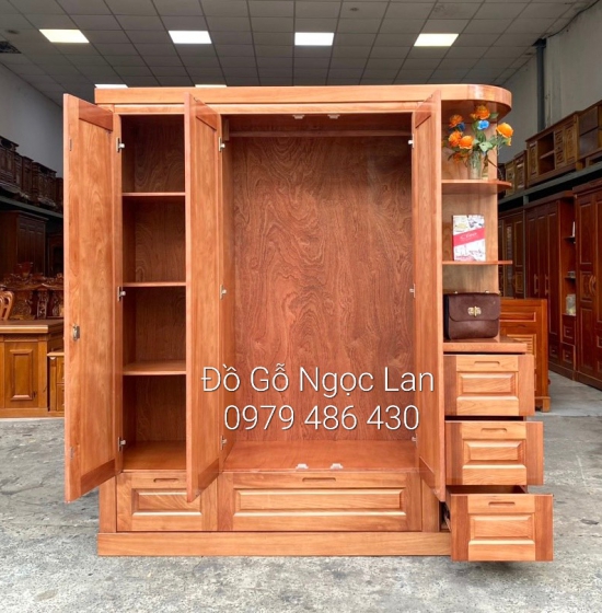 TỦ QUẦN ÁO GỖ XOAN ĐÀO 3 CÁNH KÈM KỆ TRANG TRÍ 