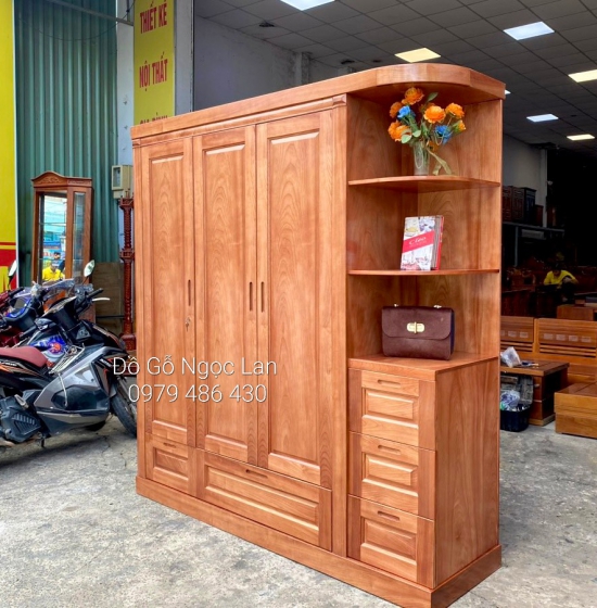TỦ QUẦN ÁO GỖ XOAN ĐÀO 3 CÁNH KÈM KỆ TRANG TRÍ 