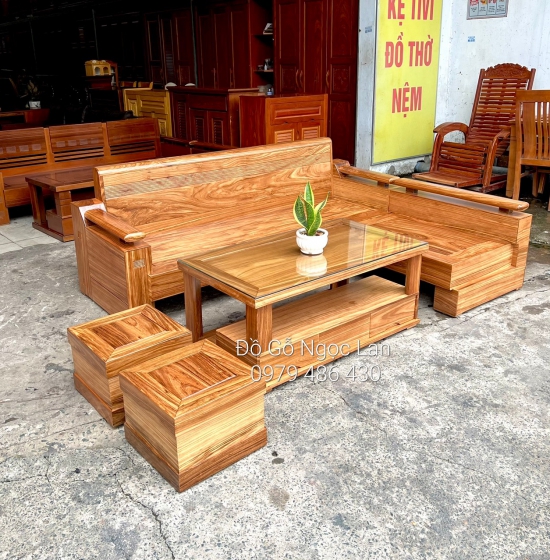 GHẾ SOFA GỖ HƯƠNG XÁM GÓC L 2M1 X 1M6 TAY TRỨNG ,TỰA CONG 