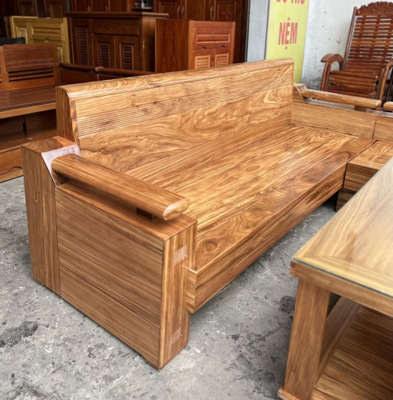 GHẾ SOFA GỖ HƯƠNG XÁM GÓC L 2M1 X 1M6 TAY TRỨNG ,TỰA CONG 