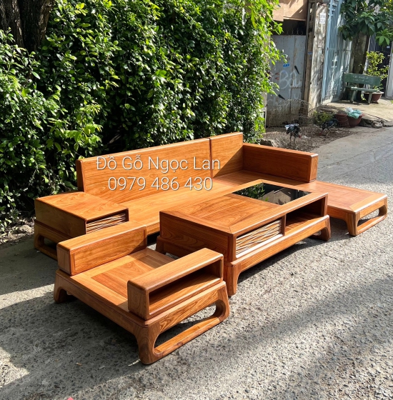 GHẾ SOFA GỖ HƯƠNG VÀNG CAO CẤP GÓC L 2M8 X 1M8 CHÂN CHOÃI 