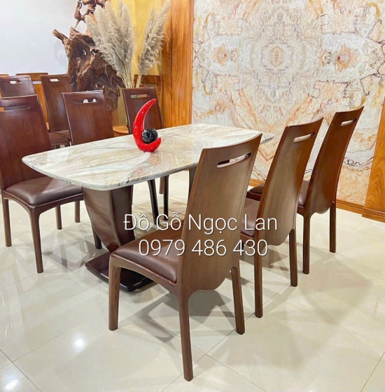 BỘ BÀN ĂN GỖ SỒI NGA LAU MÀU ÓC CHÓ MẶT ĐÁ - SANG TRỌNG