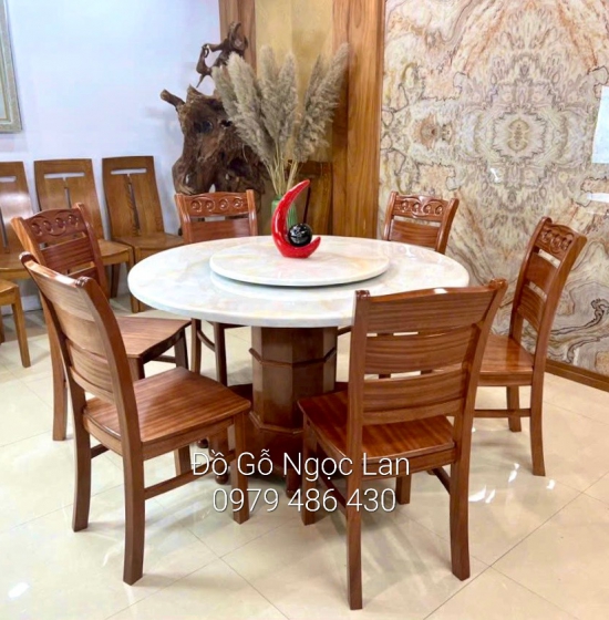 BÀN ĂN TRÒN XOAY GỖ XOAN ĐÀO MẶT ĐÁ 6 GHẾ SANG TRỌNG 