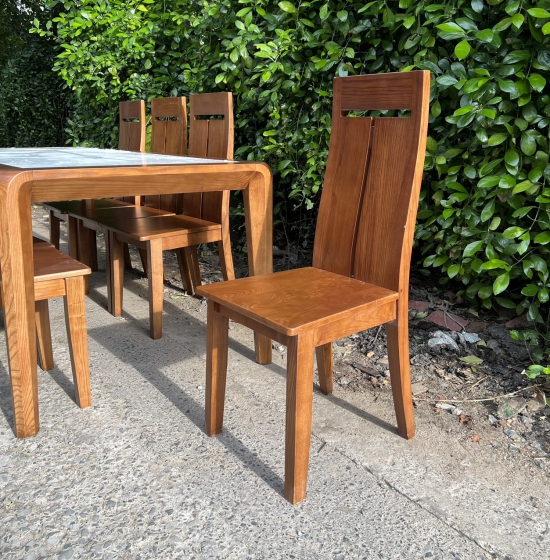 BỘ BÀN ĂN GỖ SỒI NGA LAU MÀU ÓC CHÓ 6 GHẾ MẶT ĐÁ - CHÂN HƯƠU