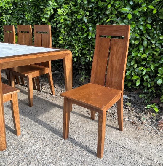 BỘ BÀN ĂN GỖ SỒI NGA LAU MÀU ÓC CHÓ 6 GHẾ MẶT ĐÁ - CHÂN HƯƠU