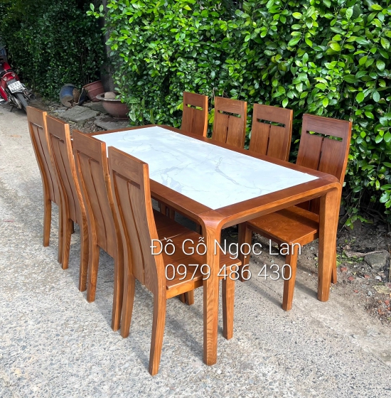BỘ BÀN ĂN GỖ SỒI NGA LAU MÀU ÓC CHÓ 6 GHẾ MẶT ĐÁ - CHÂN HƯƠU