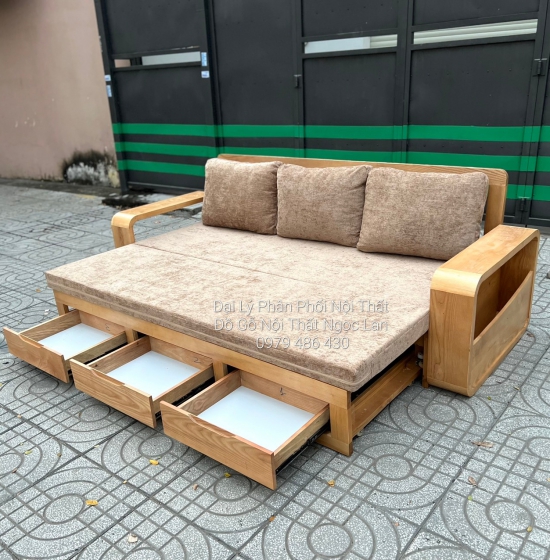 SOFA GIƯỜNG GỖ SỒI THÔNG MINH MÀU TỰ NHIÊN -KÈM NỆM 