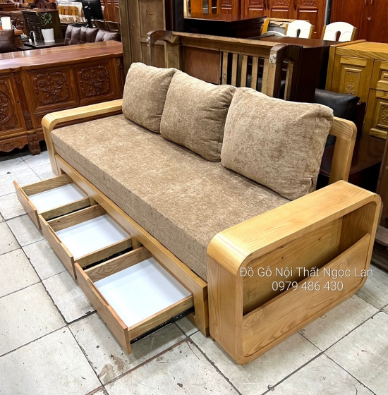 SOFA GIƯỜNG GỖ SỒI THÔNG MINH MÀU TỰ NHIÊN -KÈM NỆM 