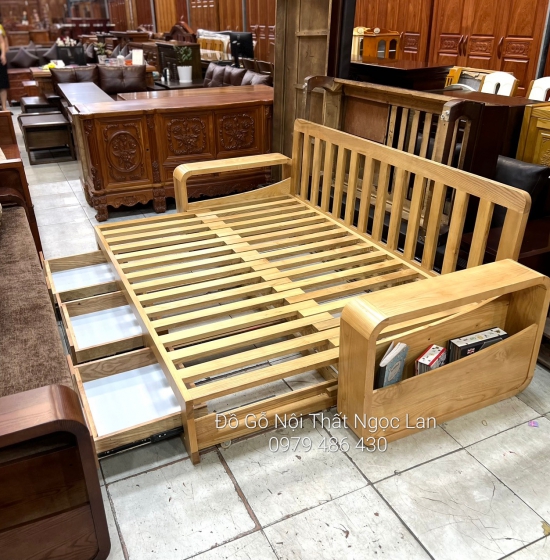 SOFA GIƯỜNG GỖ SỒI THÔNG MINH MÀU TỰ NHIÊN -KÈM NỆM 