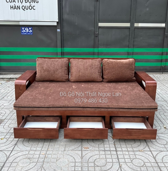 SOFA GIƯỜNG KÉO GỖ SỒI THÔNG MINH MÀU ÓC CHÓ KÈM NỆM 
