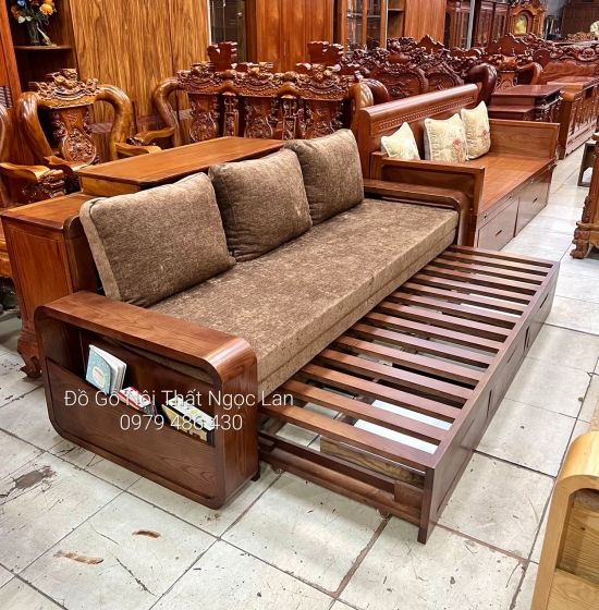 SOFA GIƯỜNG KÉO GỖ SỒI THÔNG MINH MÀU ÓC CHÓ KÈM NỆM 