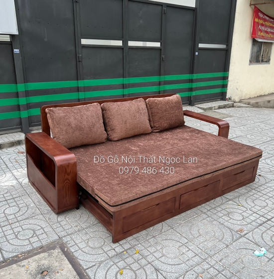 SOFA GIƯỜNG KÉO GỖ SỒI THÔNG MINH MÀU ÓC CHÓ KÈM NỆM 