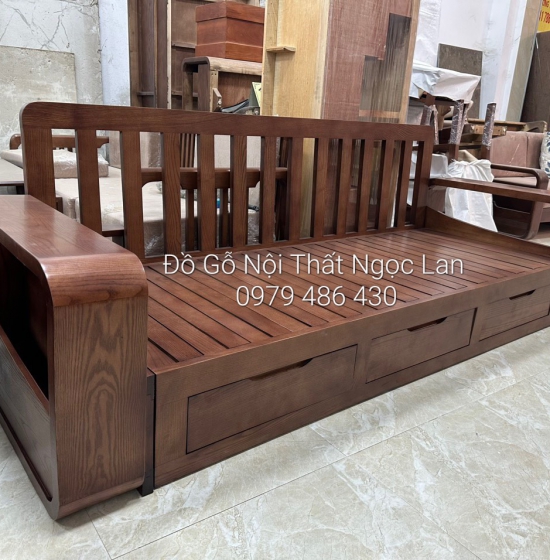 SOFA GIƯỜNG KÉO GỖ SỒI THÔNG MINH MÀU ÓC CHÓ KÈM NỆM 
