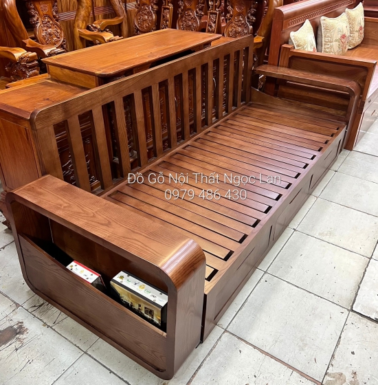 SOFA GIƯỜNG KÉO GỖ SỒI THÔNG MINH MÀU ÓC CHÓ KÈM NỆM 