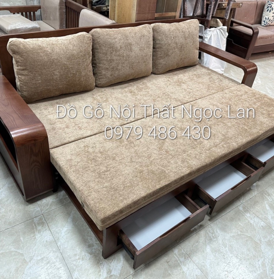 SOFA GIƯỜNG KÉO GỖ SỒI THÔNG MINH MÀU ÓC CHÓ KÈM NỆM 