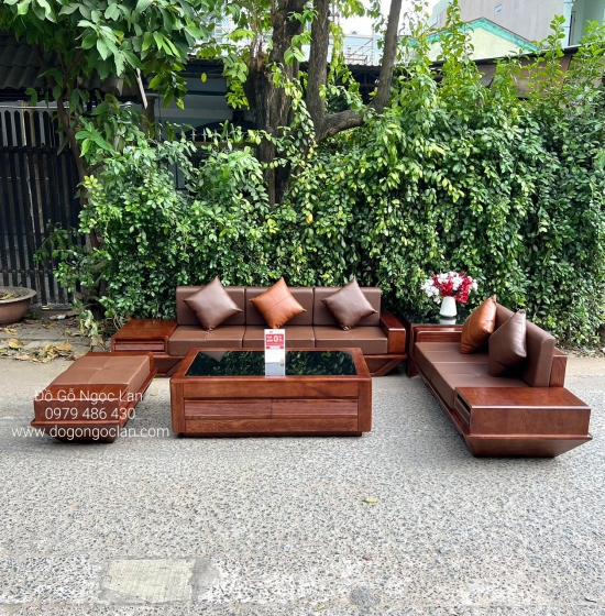 BỘ BÀN GHẾ SOFA GỖ SỒI MÀU ÓC CHÓ MẪU THUYỀN CAO CẤP - GHẾ 2 VĂNG