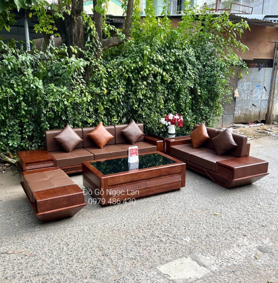 BỘ BÀN GHẾ SOFA GỖ SỒI MÀU ÓC CHÓ MẪU THUYỀN CAO CẤP - GHẾ 2 VĂNG