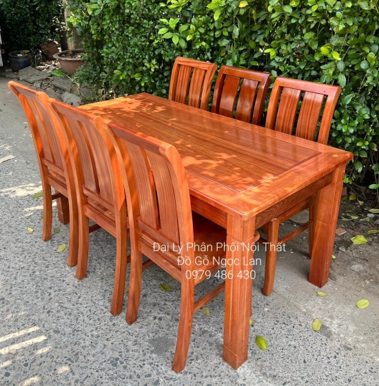 BÀN ĂN GỖ XOAN ĐÀO 6 GHẾ - MẶT LIỀN 1M6 BA 0051