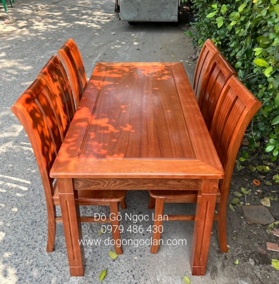 BÀN ĂN GỖ XOAN ĐÀO 6 GHẾ - MẶT LIỀN 1M6 BA 0051